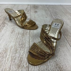 HALSTON HERITAGE 6 gold leather textured mules heels